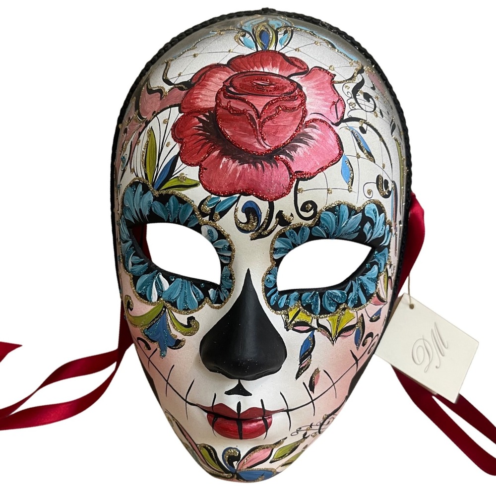 Day of the Dead  New Hand Painted‎ Italian Masquerade Mask Red Rose Blue Flowers